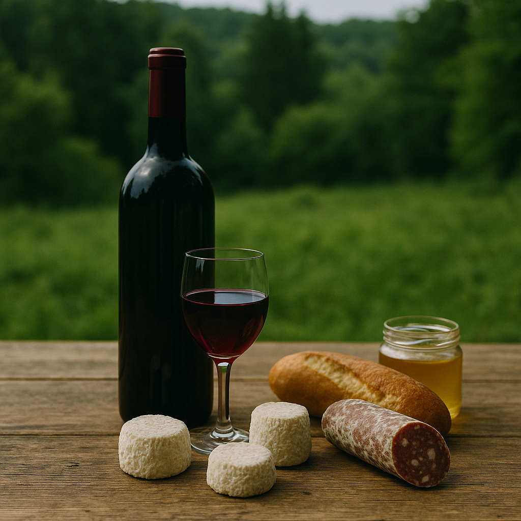 Bouteille de vin rouge sans étiquette, fromages de chèvre fermiers, saucisson et miel sur une table en bois avec un paysage verdoyant du Beaujolais Vert en arrière-plan