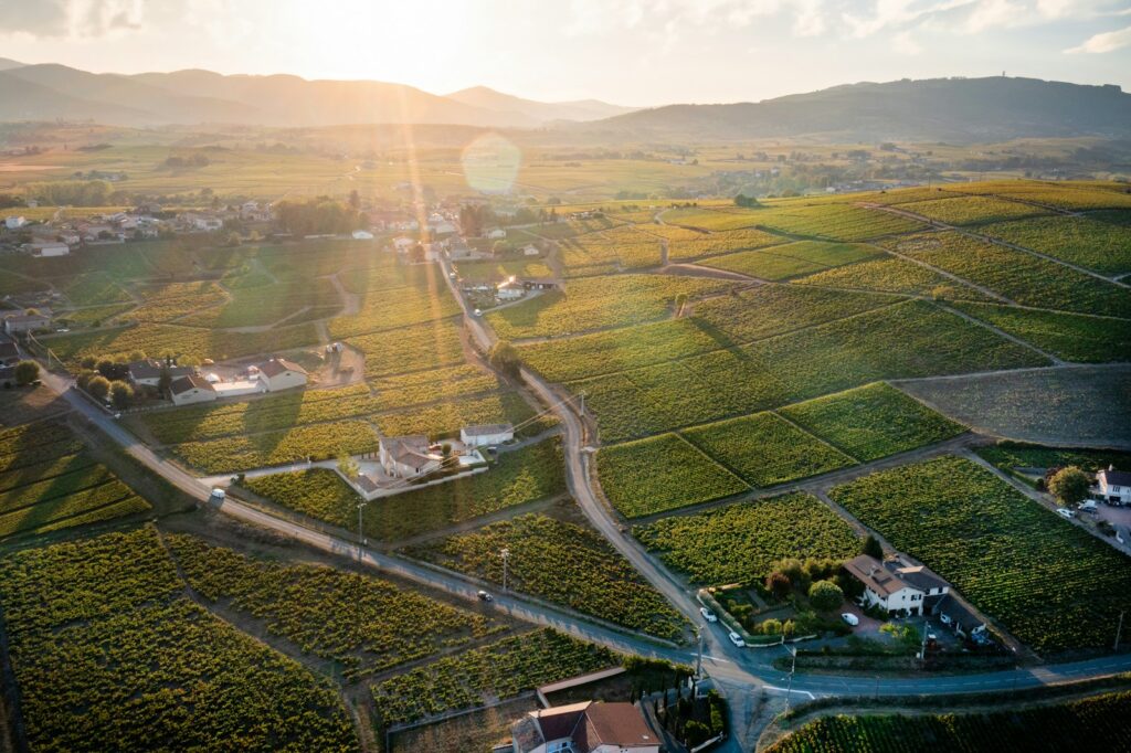 an aerial view of a rural area with a road running through it